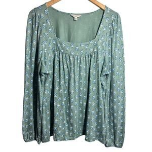 Lucky Brand Women L Sage Green Long Sleeve Floral Print Knit Top Casual